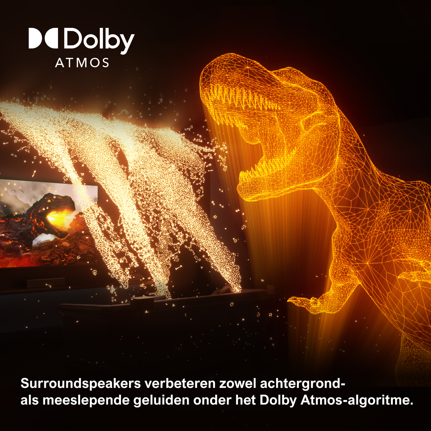 Un dinosaure émet des ondes sonores depuis un écran de télévision. Le texte décrit comment les enceintes surround améliorent le son.