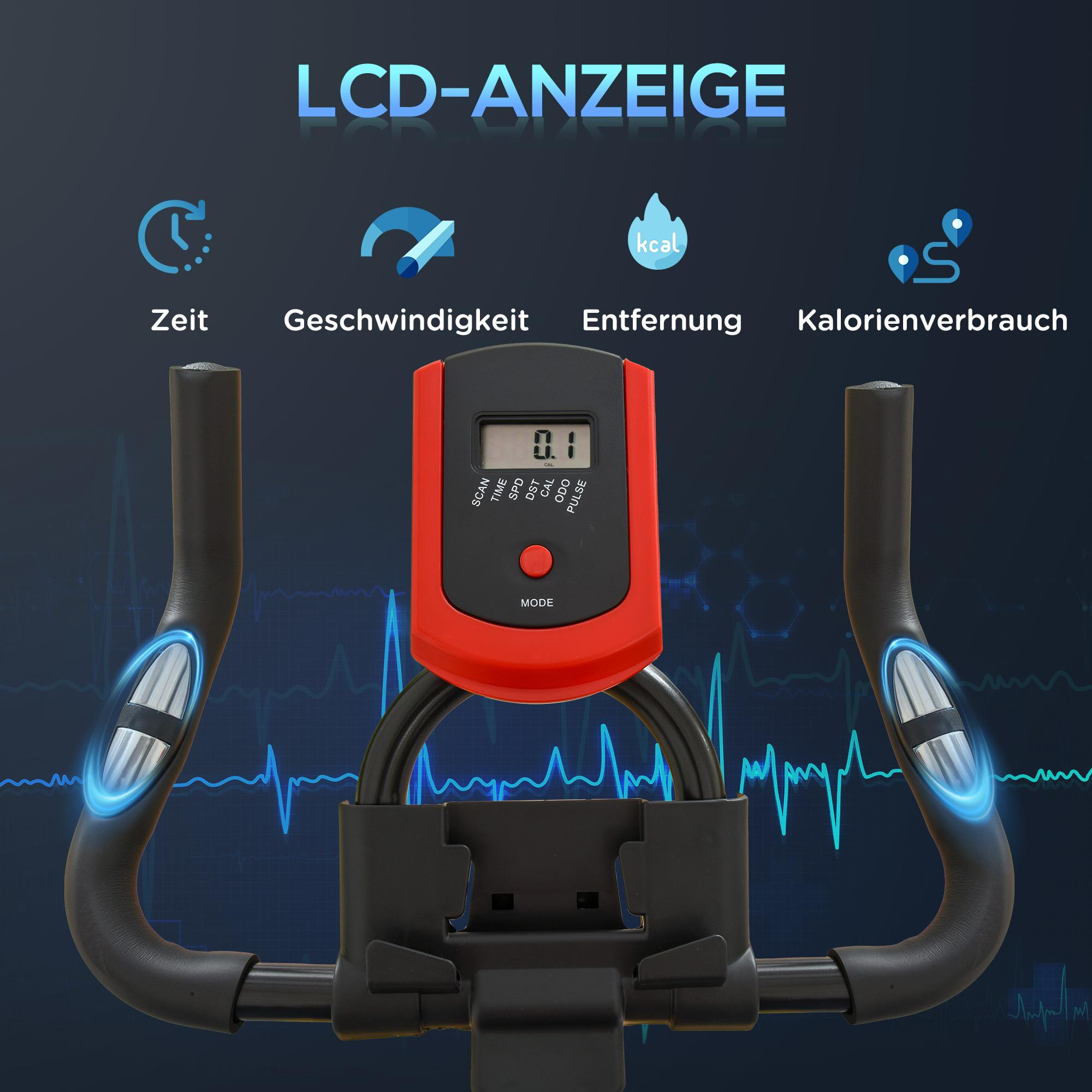 Nahaufnahme der Anzeige eines Heimtrainers. Sie zeigt Zeit, Geschwindigkeit, Distanz und Kalorienverbrauch.