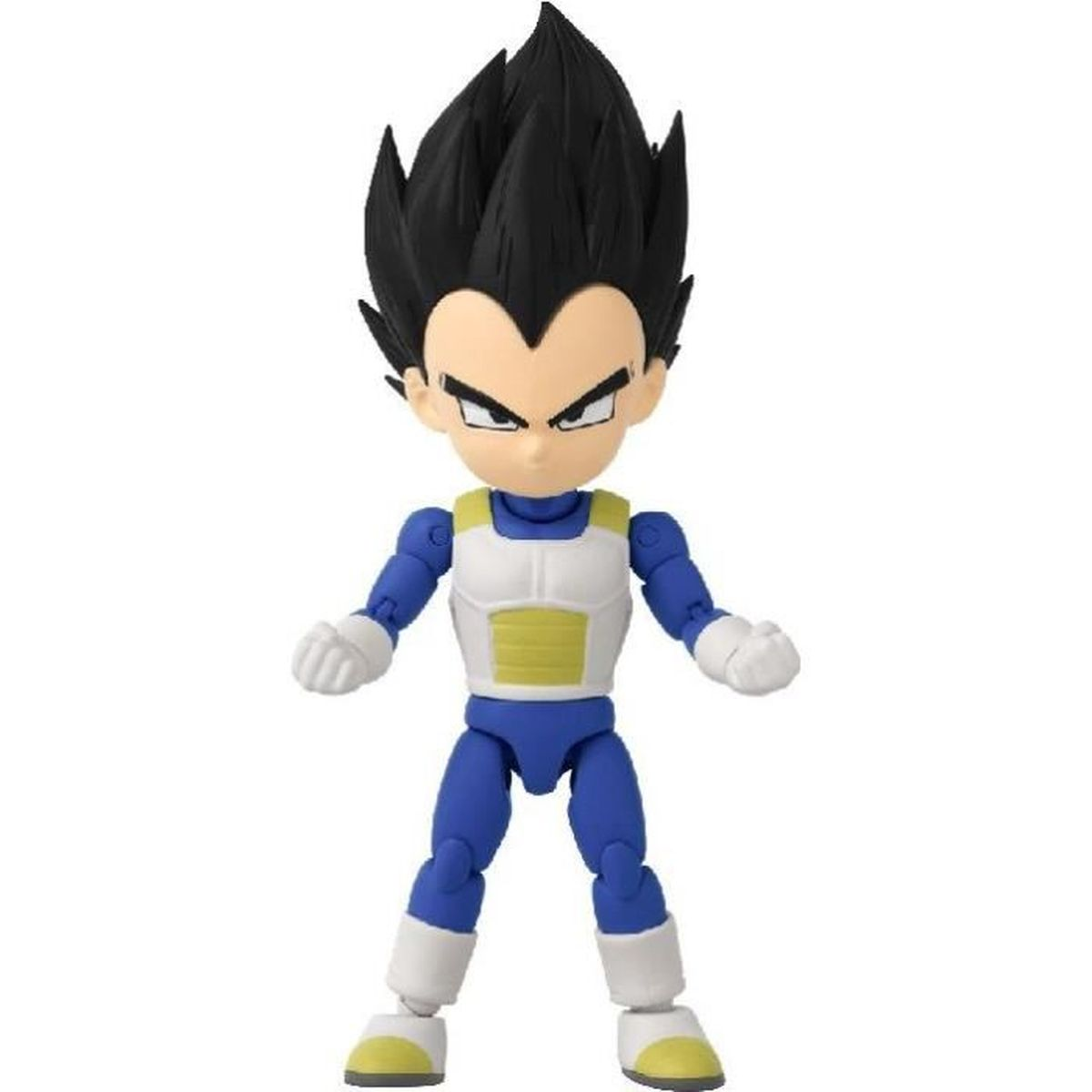 Una pequeña figura de acción de Vegeta con pelo negro puntiagudo, en pose de lucha.