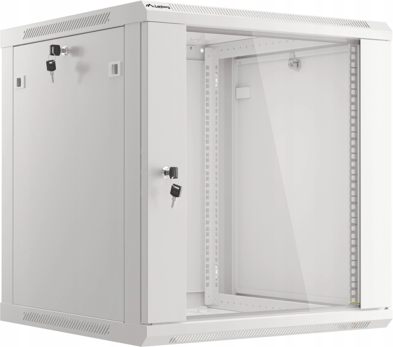 Weißer Serverschrank mit Glastür und Schlüsseln in den Schlössern.