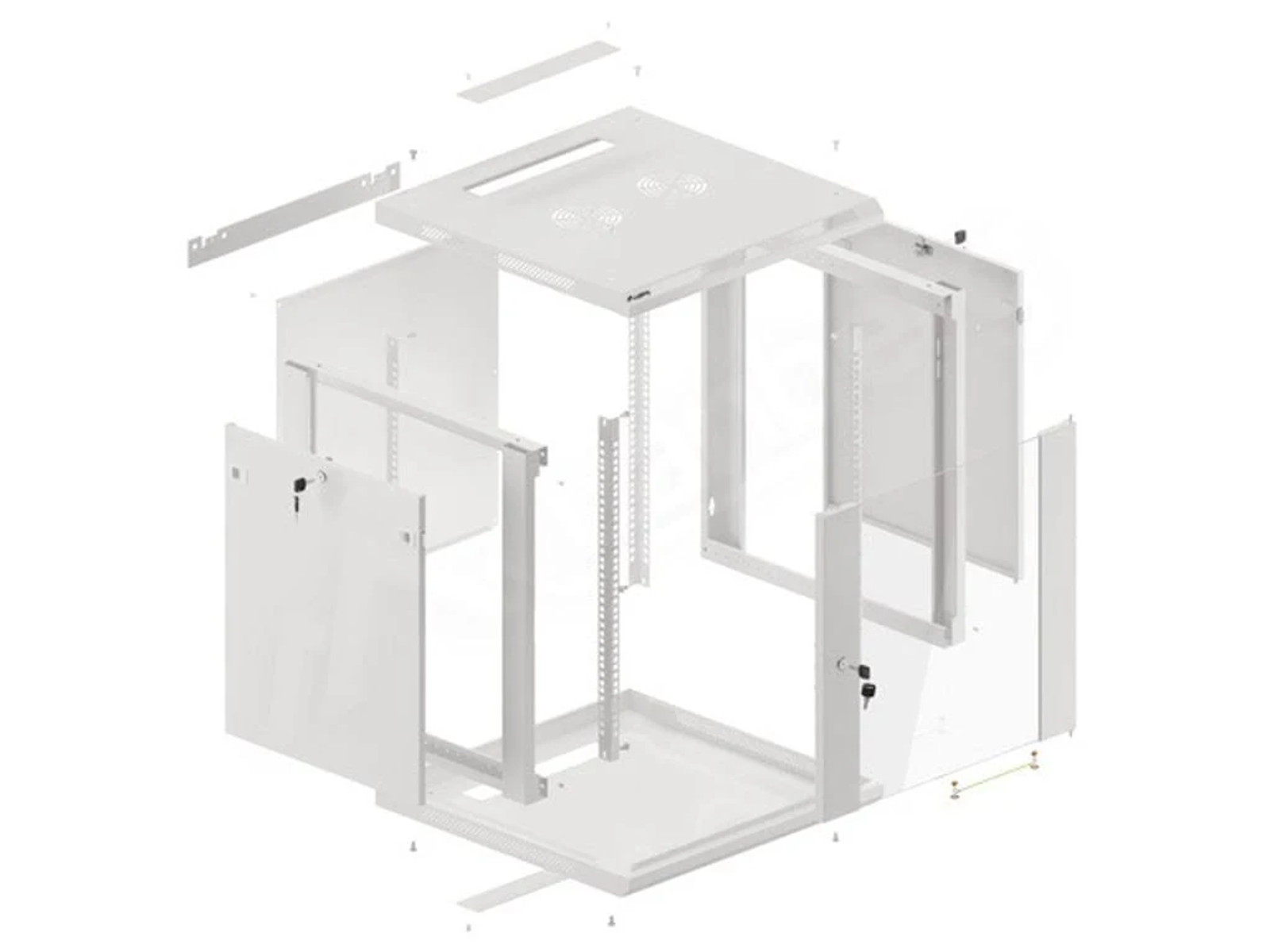 Eine Explosionsansicht eines weißen Metall-Rack-Schranks. Die Teile sind getrennt und zeigen die Komponenten und die Montage.