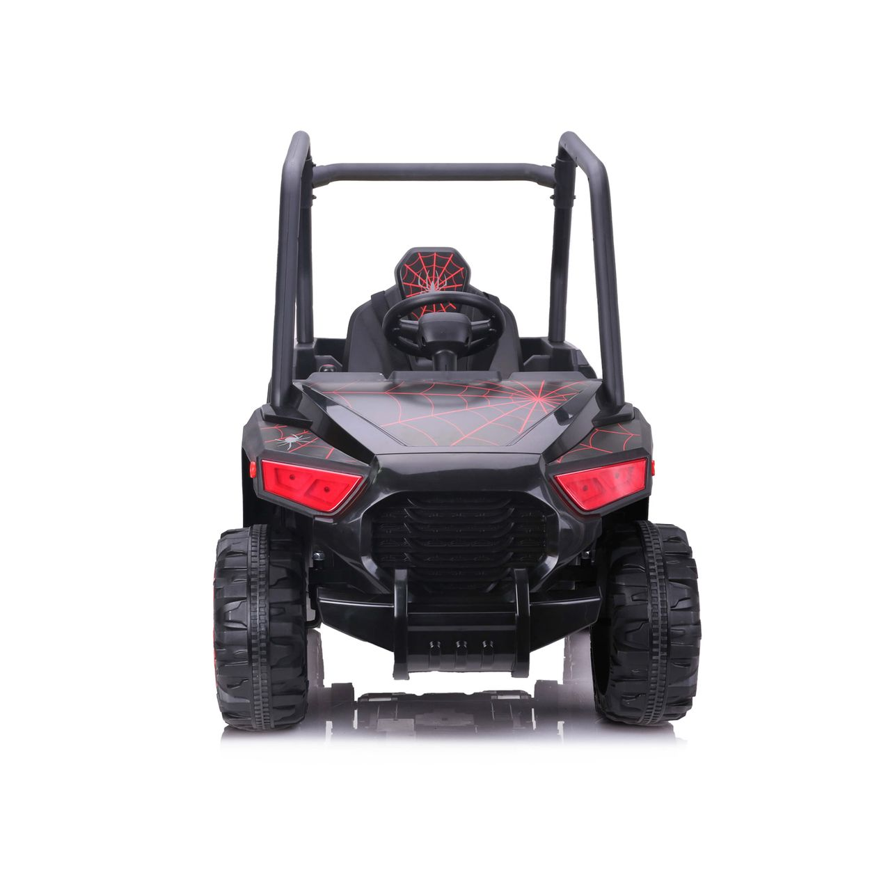 Coche de juguete negro con detalles rojos, vista frontal. Tiene una jaula antivuelco y neumáticos grandes.