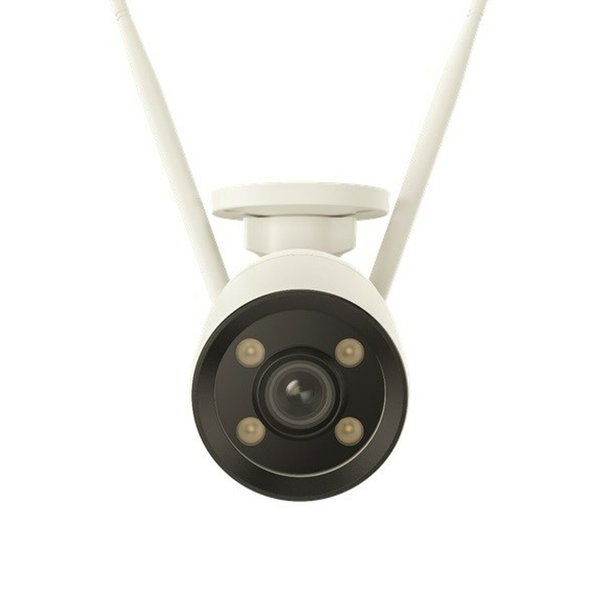 Telecamera di sicurezza bianca con due antenne, montata su una base bianca. Ha un obiettivo nero.