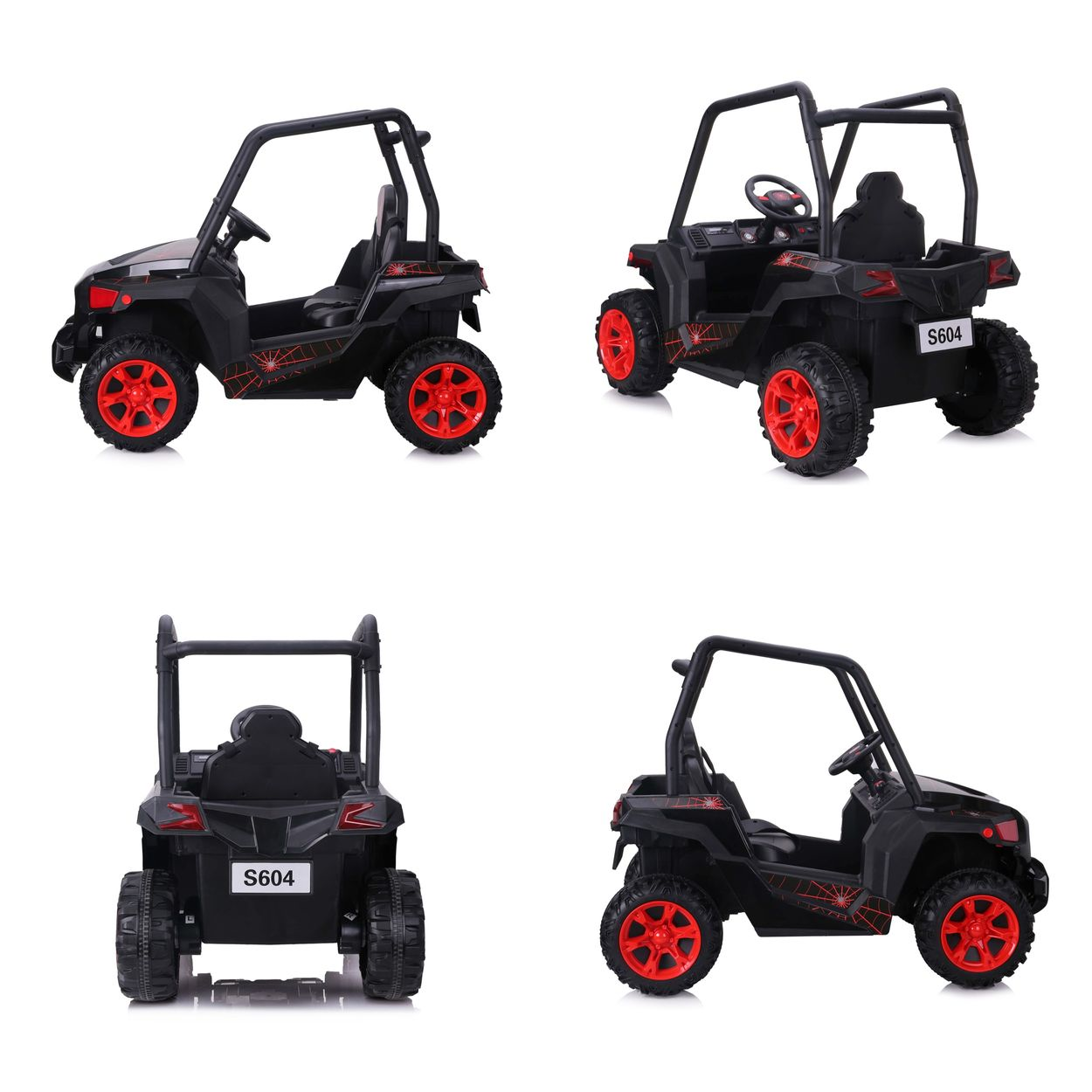 Cuatro vistas de un vehículo todoterreno de juguete negro con ruedas rojas. El coche tiene barras antivuelco y el número S604.
