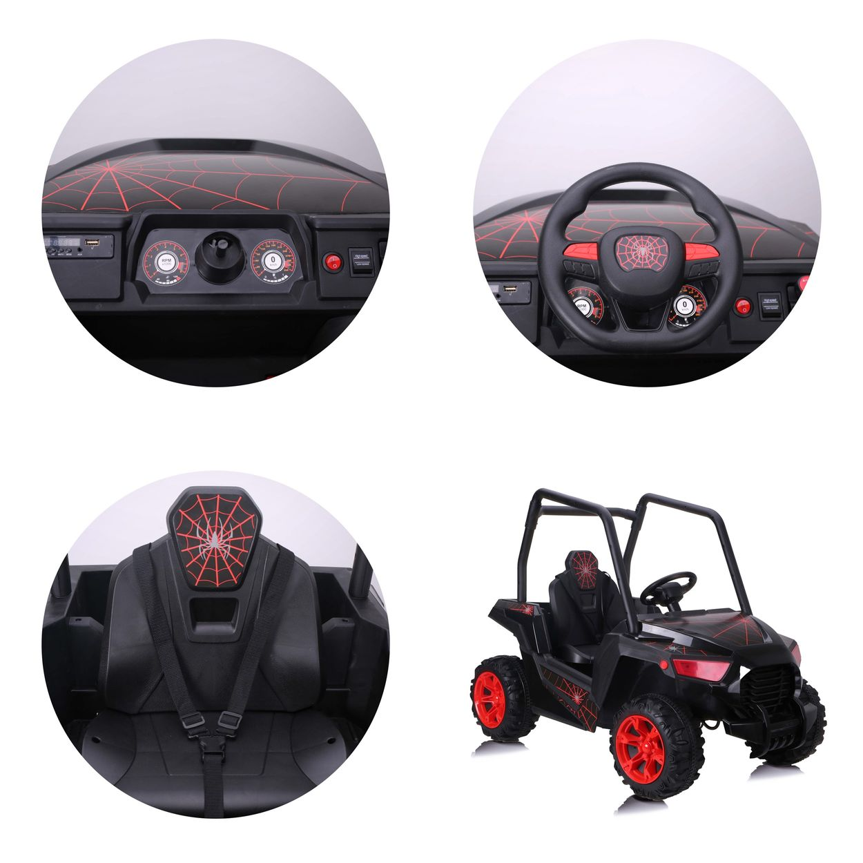 Un coche de juguete negro con ruedas rojas. Tiene un diseño de telaraña en el interior y exterior.