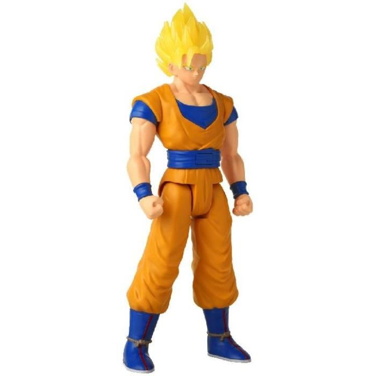 Una figura de acción de Goku con pelo amarillo, vestido con un atuendo naranja y azul, de pie y posando.