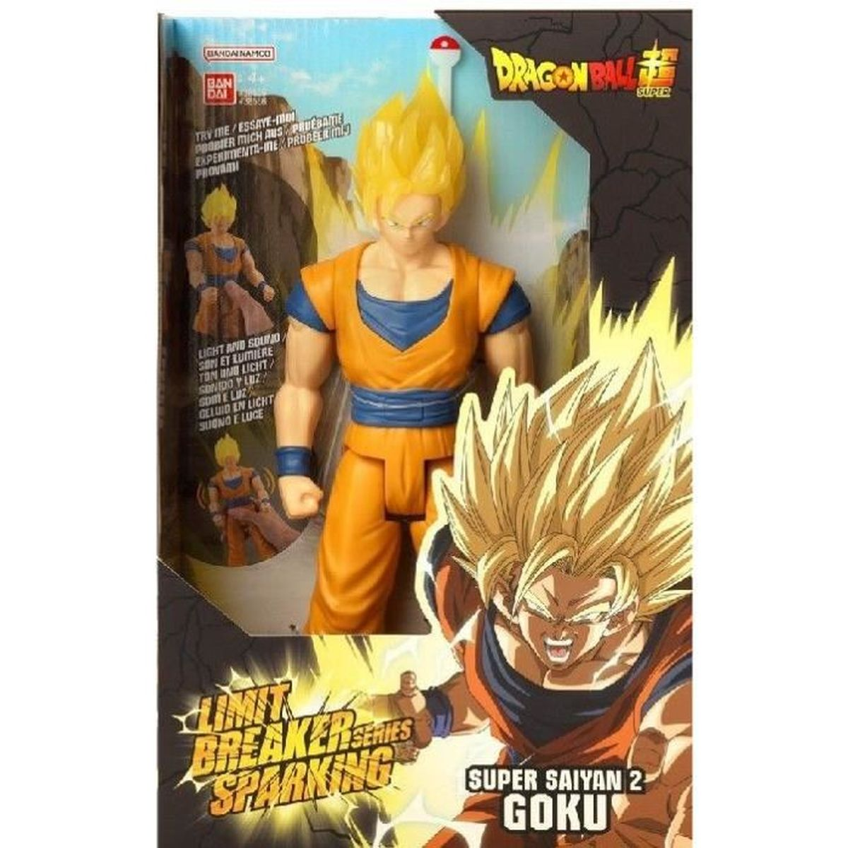 Figura de acción en caja de Goku de Dragon Ball Super. Lleva un atuendo naranja y azul.