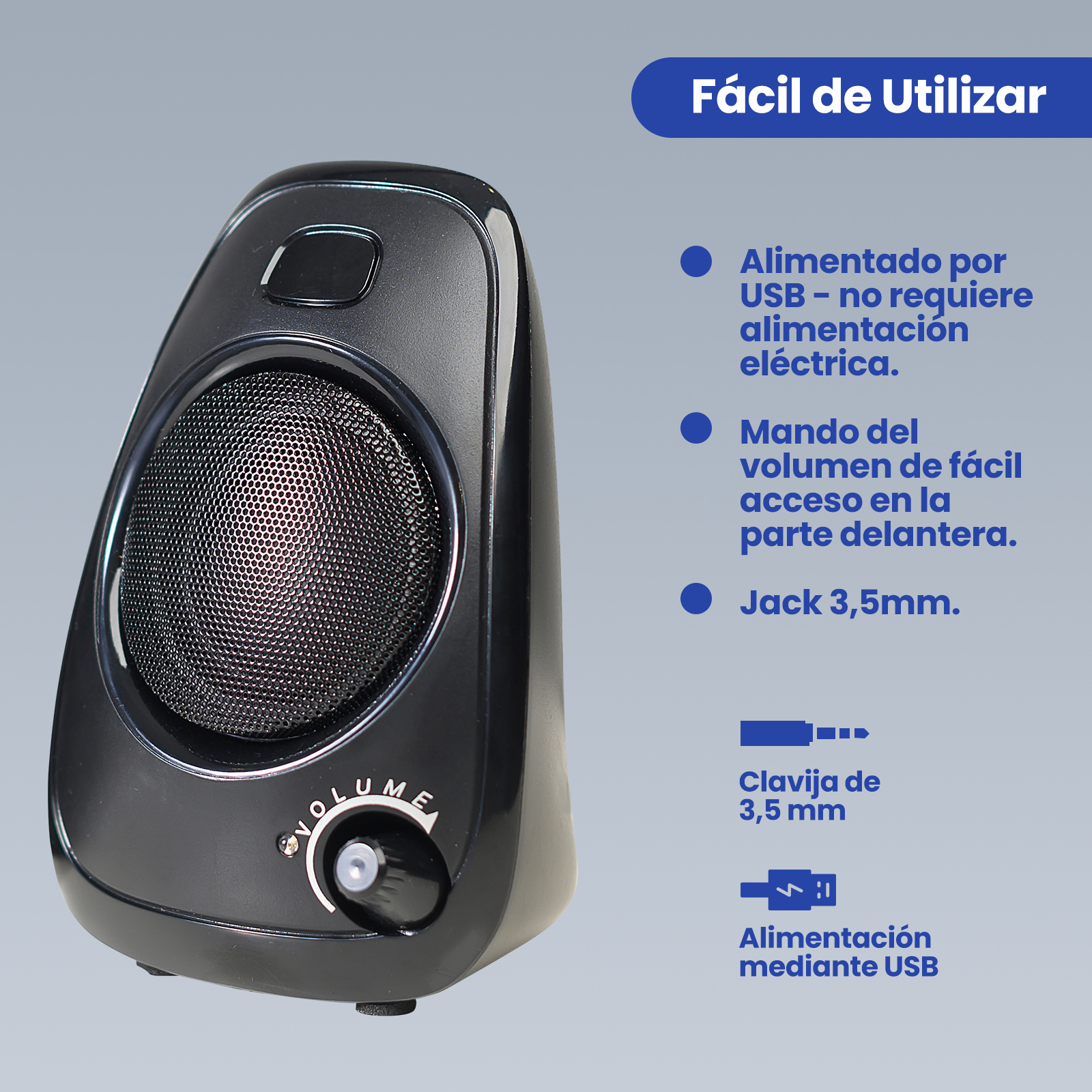 Czarny głośnik z regulacją głośności i schematem wyjaśniającym zasilanie USB i gniazdo 3,5 mm.