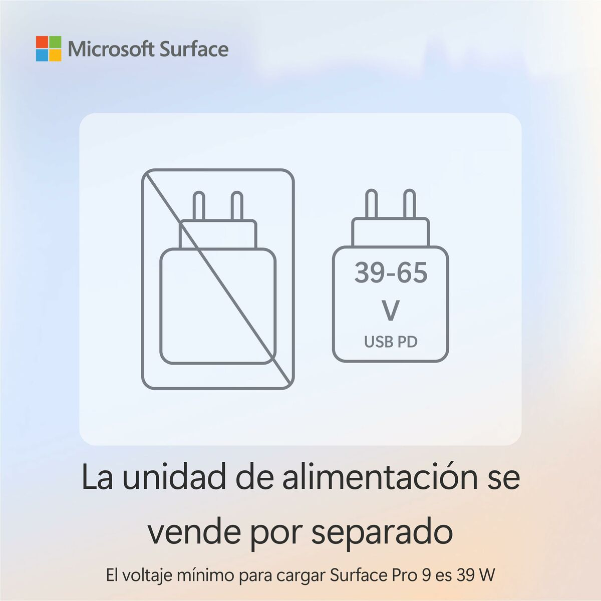 Un gráfico con dos adaptadores de corriente y texto en español que indica que la fuente de alimentación se vende por separado.