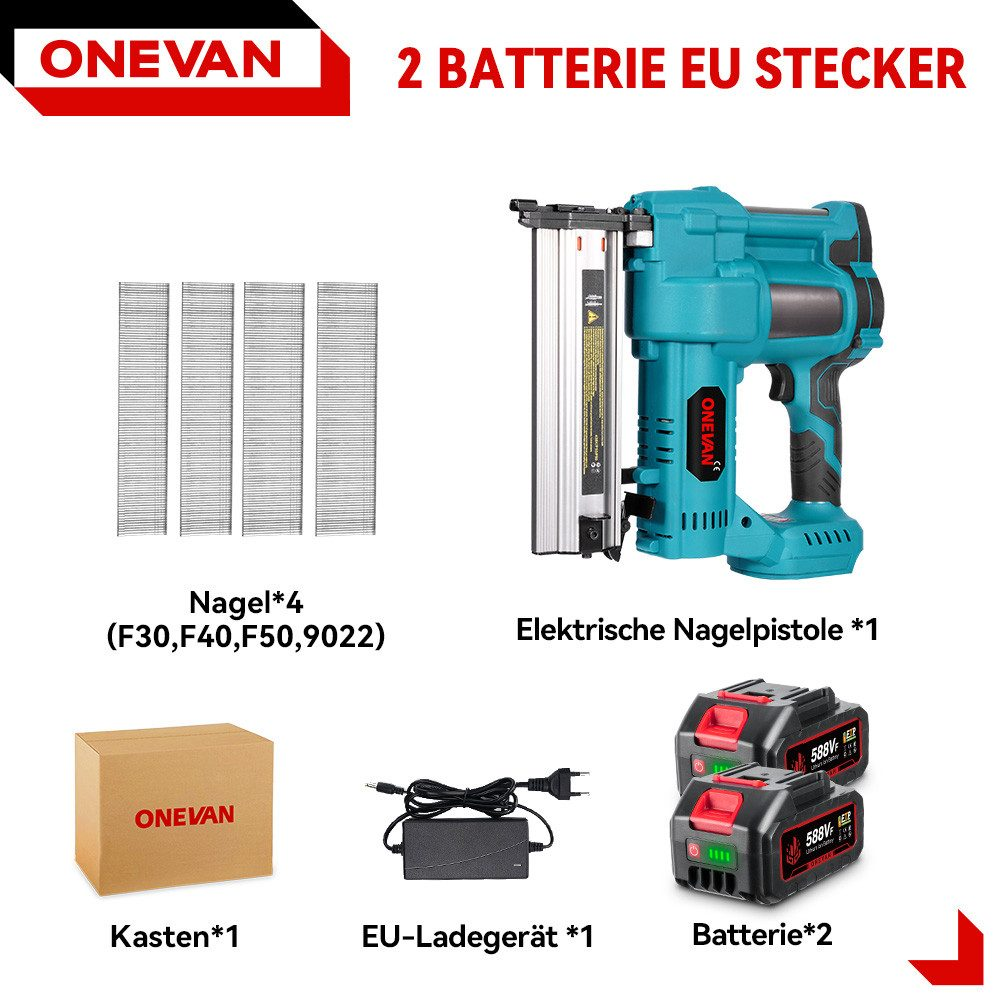 Eine Nagelpistole und Zubehör. Das Bild zeigt eine Nagelpistole, Batterien, ein Ladegerät und Nägel in einer Box.