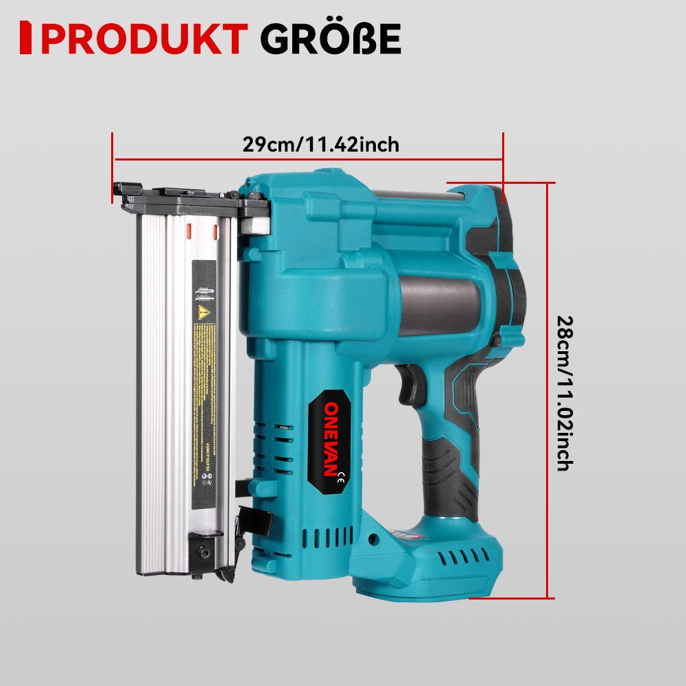 Eine türkisfarbene Nagelpistole mit Abmessungen. Sie ist 29 cm lang und 28 cm hoch, mit einer Seitenansicht der Pistole.