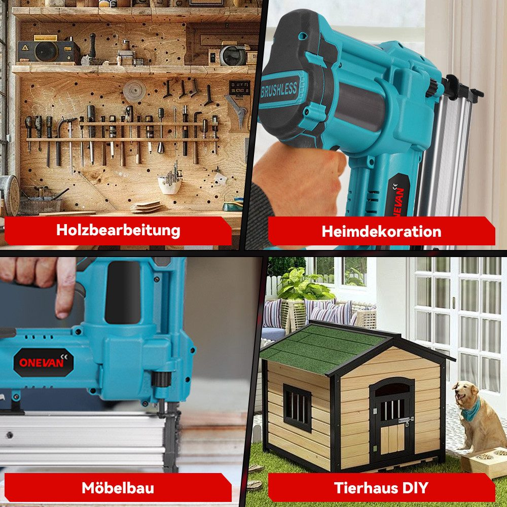 Werkbank mit Werkzeugen. Nagelpistolen, Holz und andere Werkzeuge hängen an der Wand. Ein Regal mit Werkzeugen und Geräten.