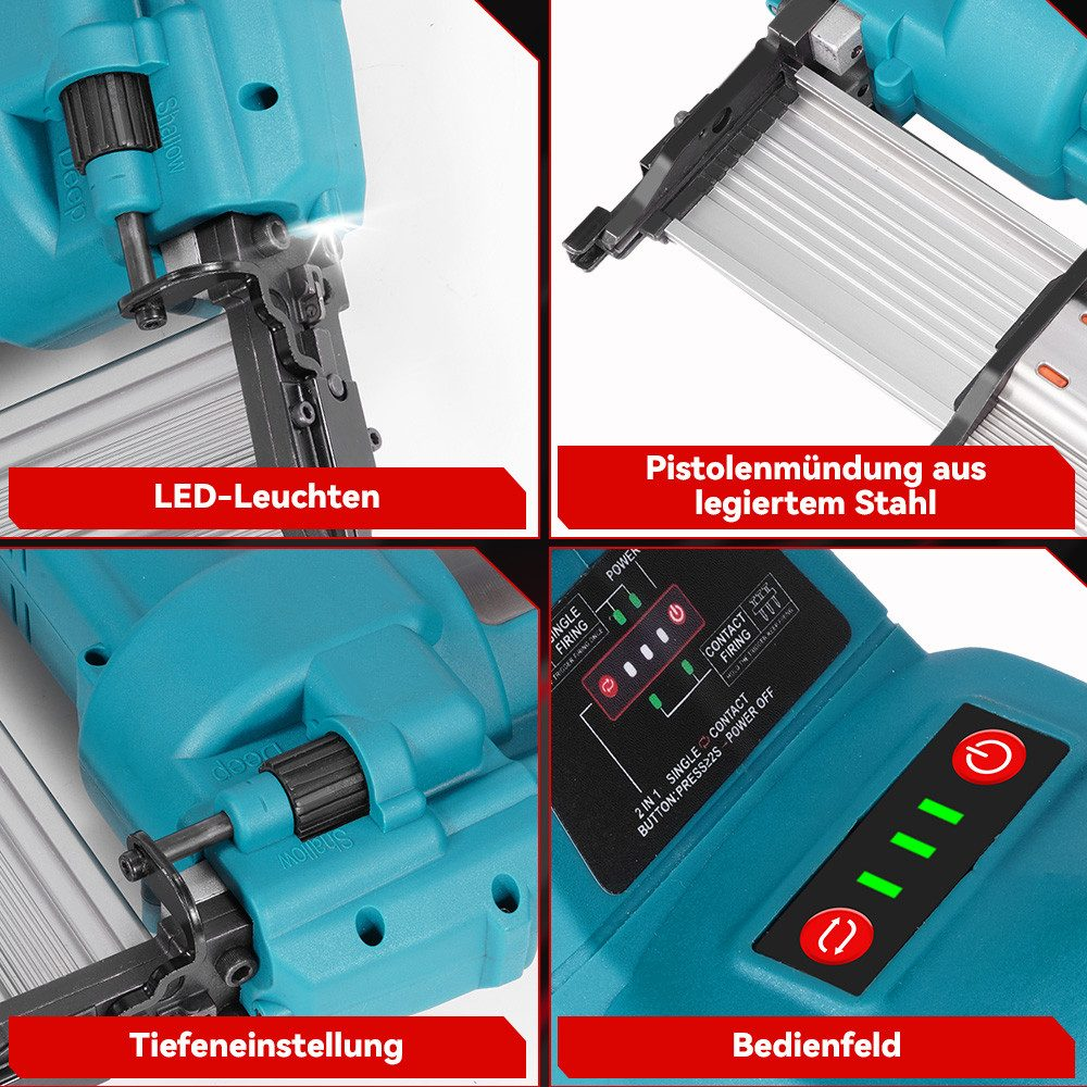 Nahaufnahme der Nagelpistole, die LED-Leuchten, Tiefeneinstellung und Bedienfeld zeigt. Die Pistole ist türkis.