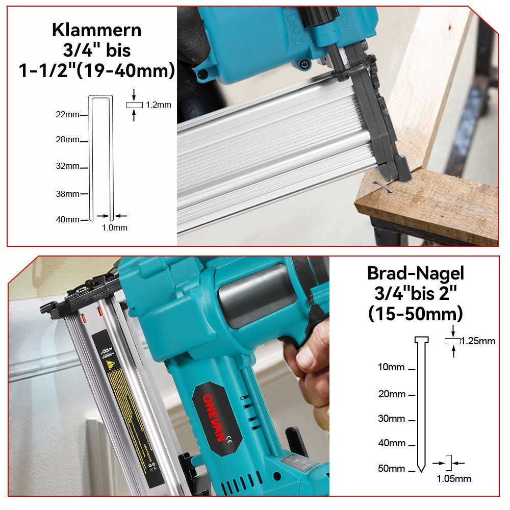 Das Bild zeigt einen Nagler und Nageldiagramme. Eine Hand hält die Pistole, die teal und silber ist.