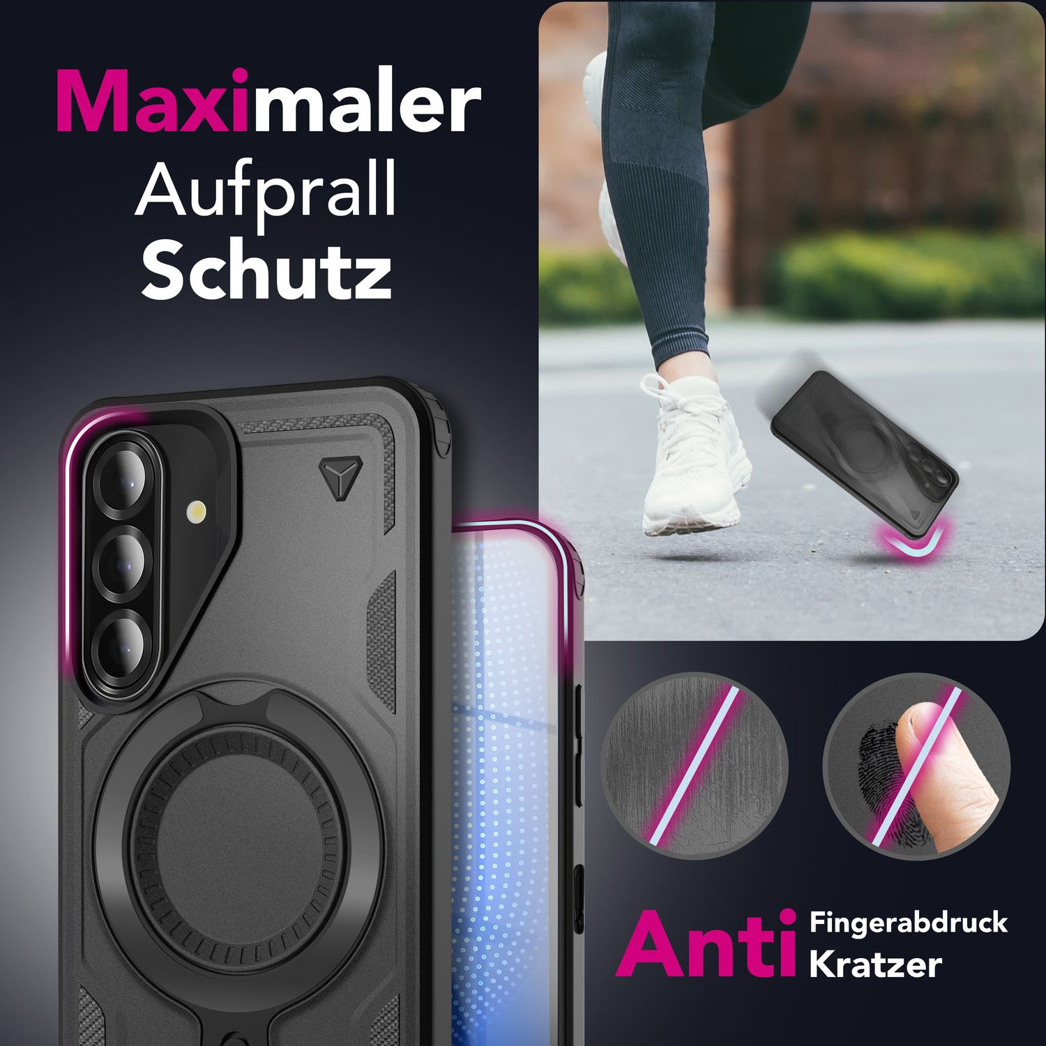 Das Bild zeigt eine Handyhülle und eine Person, die rennt. Text beschreibt Kratz- und Fingerabdruckfestigkeit.