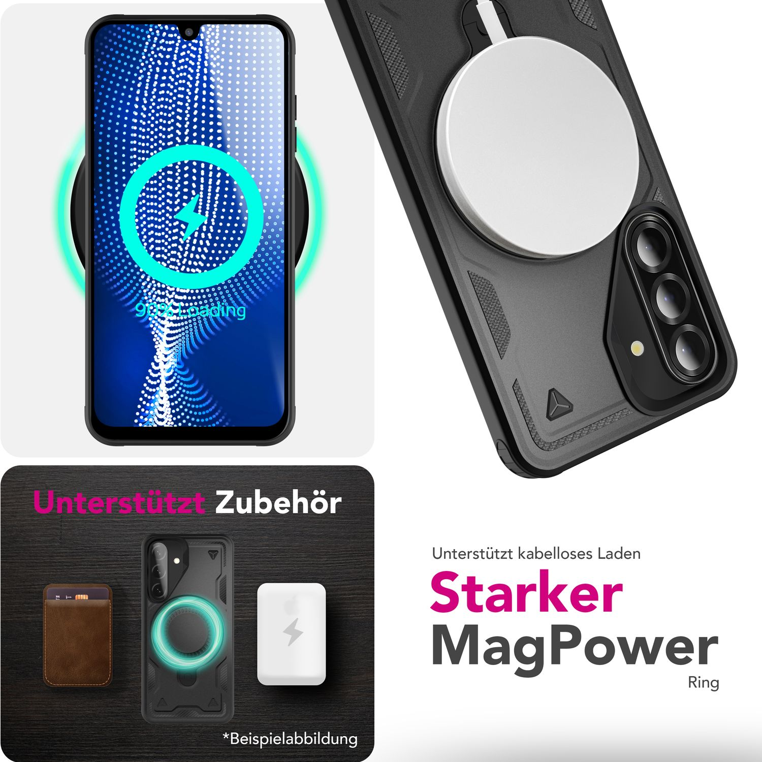 Das Bild zeigt ein Telefon beim Laden, Telefonzubehör und eine Handyhülle mit einem Ring. Text wirbt für MagPower Ring.