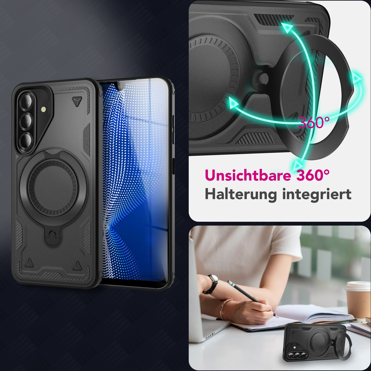 Das Bild zeigt eine Handyhülle mit einem Ring, mit Händen einer Person, die schreibt, und eine Handyhülle abgewinkelt.