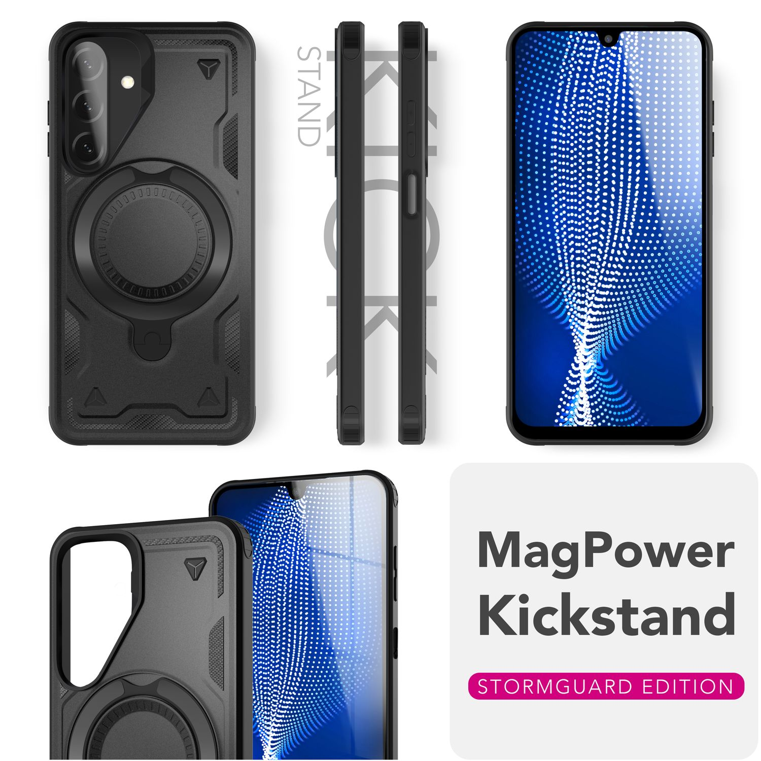 Das Bild zeigt eine schwarze Handyhülle aus verschiedenen Blickwinkeln. Der Text lautet 'MagPower Kickstand' und 'Stormguard Edition'.
