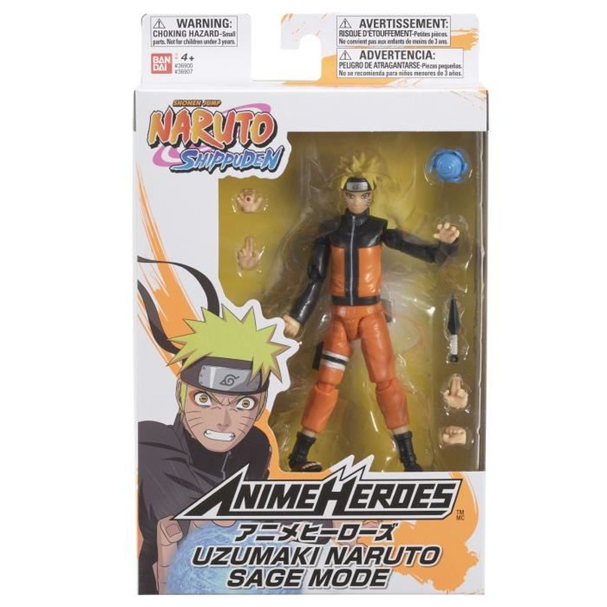 Una figura de acción de Naruto en una caja. La figura es naranja y negra, con un peinado rubio y puntiagudo.