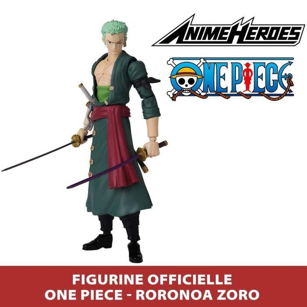 Figura de Zoro con tres espadas, atuendo verde y cinturón rojo. Logos de Anime Heroes y One Piece en el fondo.