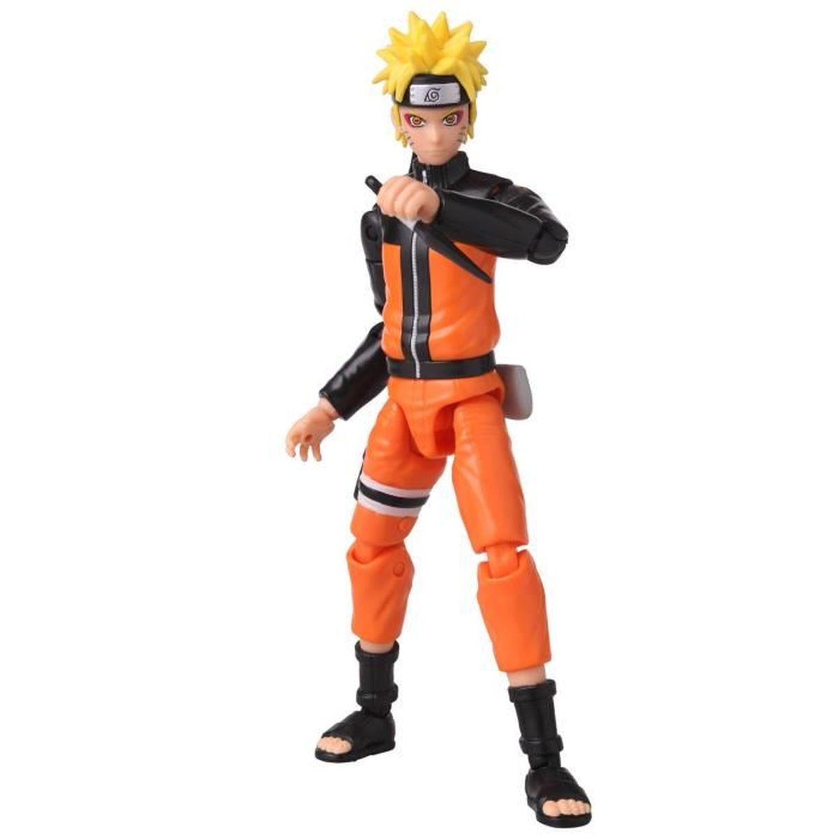 Figura de acción de Naruto con traje naranja y negro. Sostiene un kunai. Pelo rubio puntiagudo y mirada decidida.