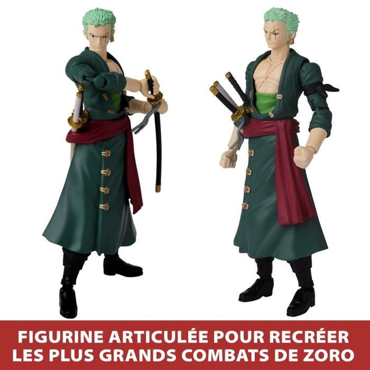 Dos figuras de acción de Zoro, sosteniendo espadas. El texto dice 'figura articulada para recrear las mayores batallas de Zoro'.