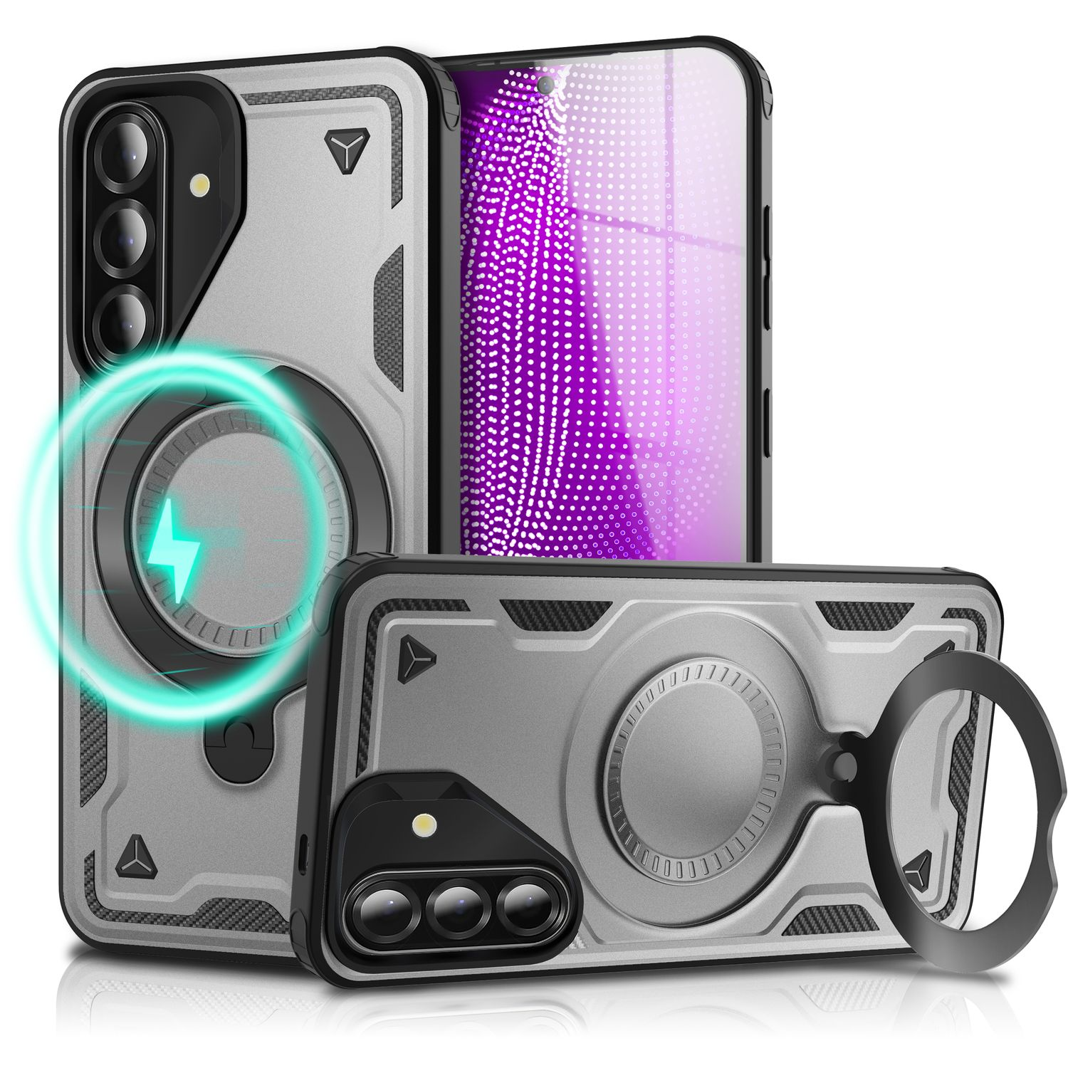 Drei Telefonhüllen werden angezeigt. Sie sind grau und schwarz, mit einem leuchtenden Ladesymbol. Eine hat einen Ringhalter.