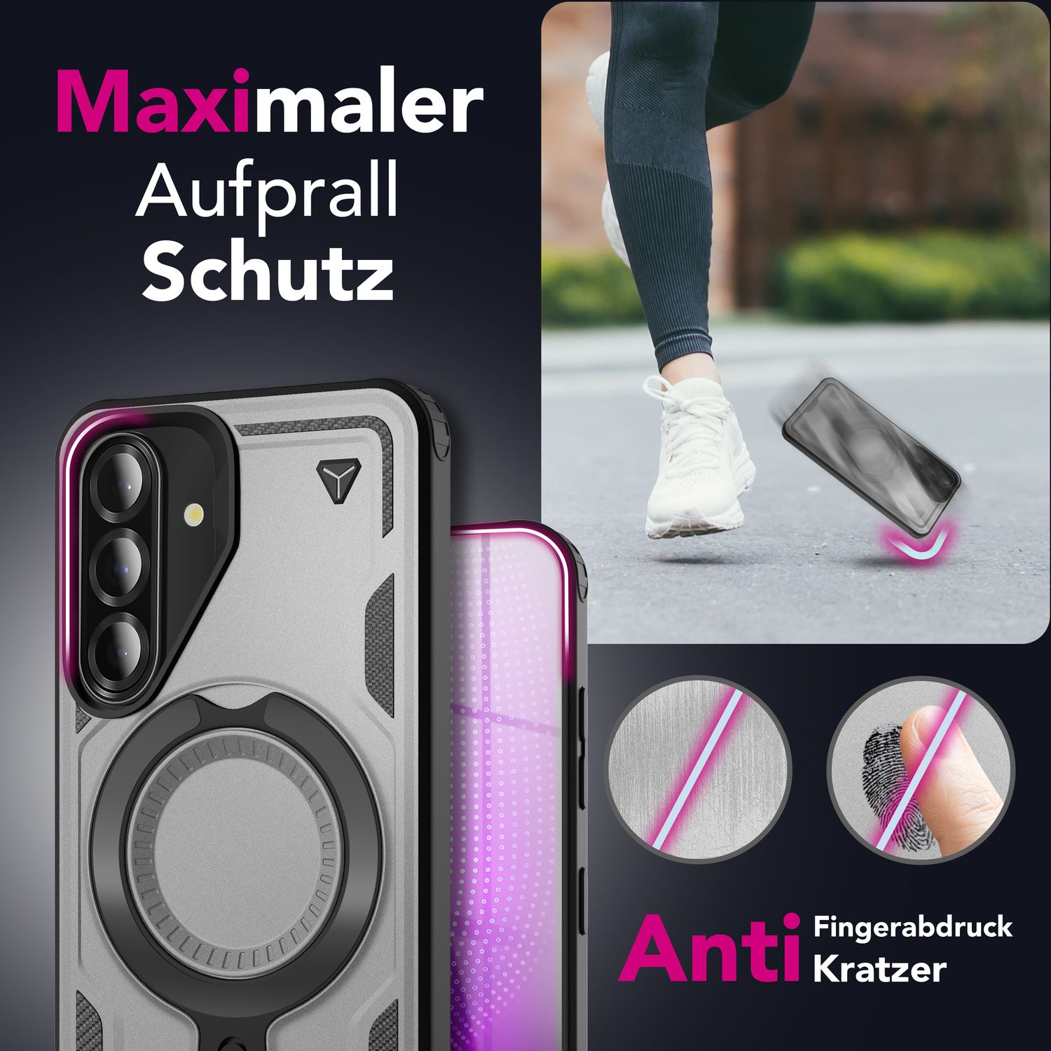 Das Bild zeigt eine Telefonhülle. Der Text lautet 'Maximaler Aufprall Schutz' und 'Anti Kratzer'. Eine Person rennt.