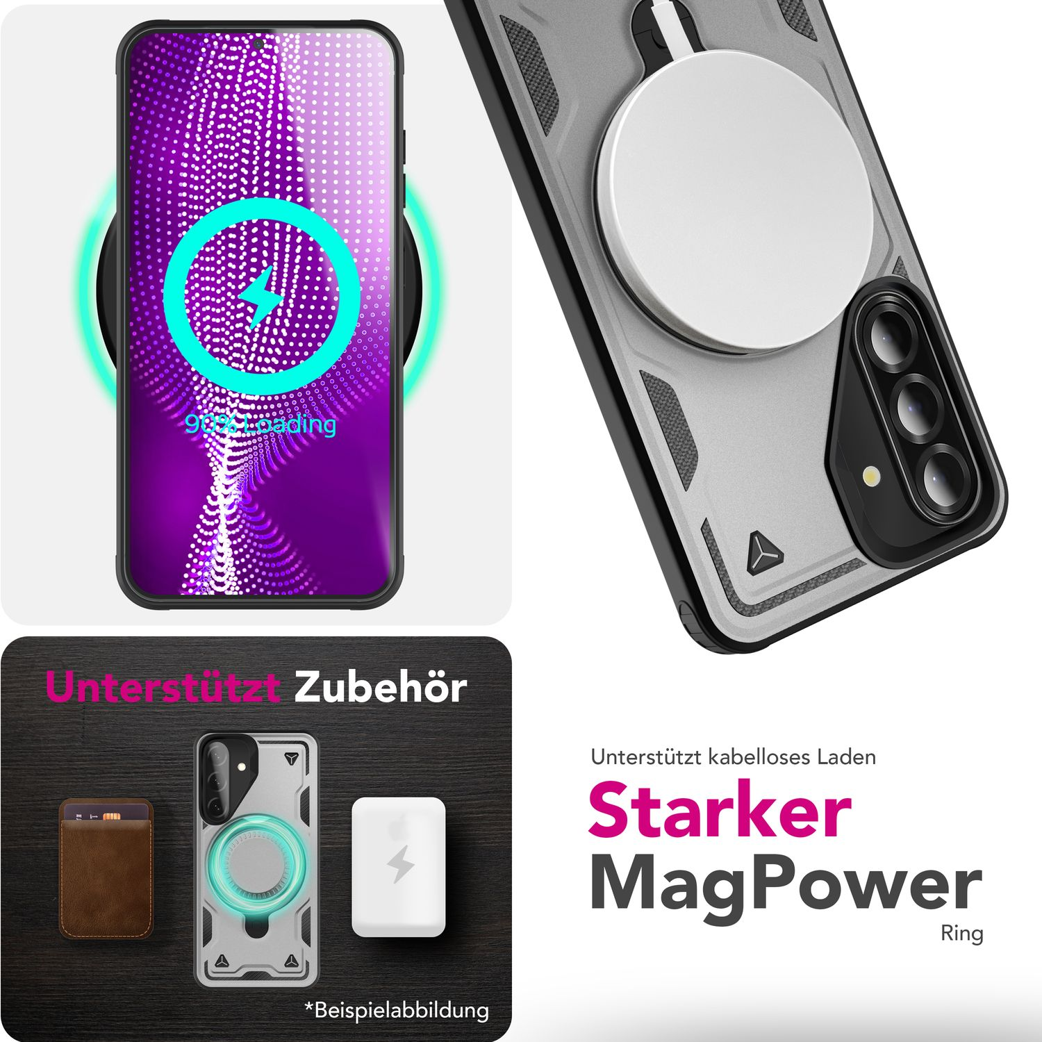 Bild zeigt kabelloses Laden eines Telefons. MagPower Ring Logo und Handyhülle. Unterstützendes Zubehör wird gezeigt.