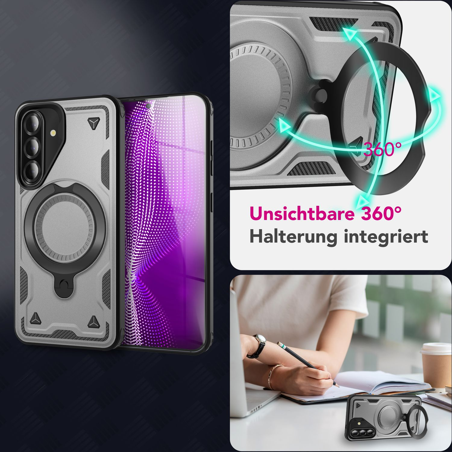 Das Bild zeigt eine Handyhülle. Der Text lautet 'Unsichtbare 360° Halterung integriert'. Eine Frau schreibt.