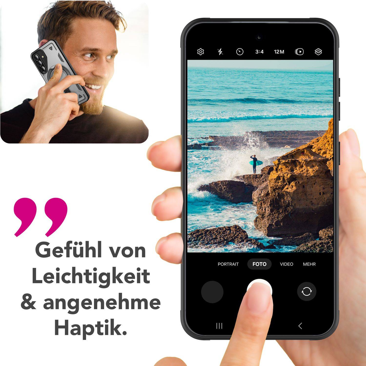 Ein Mann hält ein Telefon mit einem Foto vom Ozean. Die Hülle hat einen Ring. Text sagt Gefühl von Leichtigkeit.