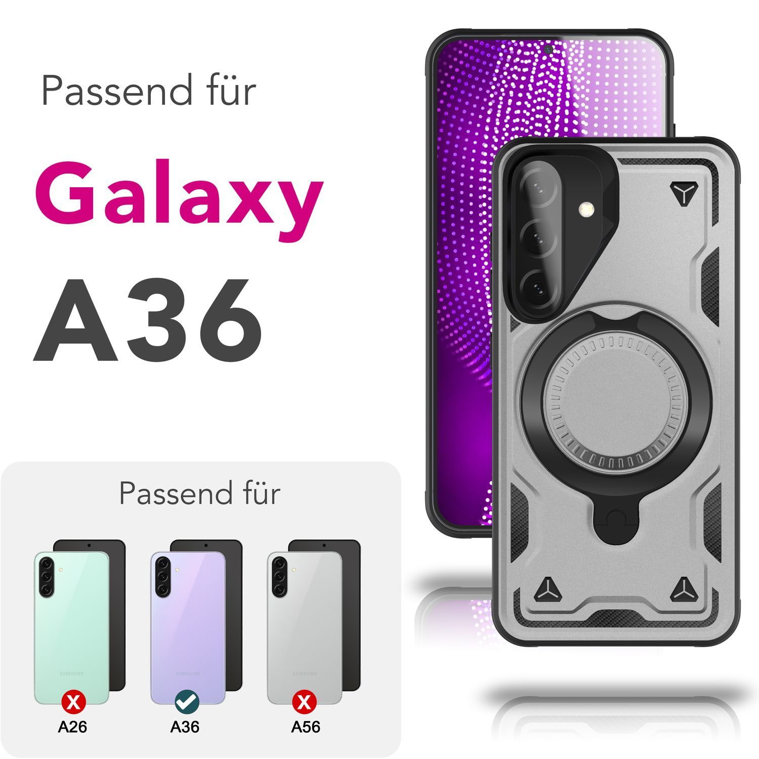 Das Bild zeigt eine Handyhülle mit einem Ring und drei Handys. Text sagt: 'Geeignet für Galaxy A36'.