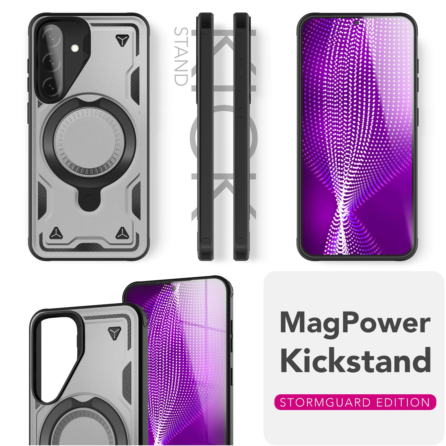 Das Bild zeigt eine schwarze Handyhülle. Der Text lautet 'MagPower Kickstand' und 'Stormguard Edition'.