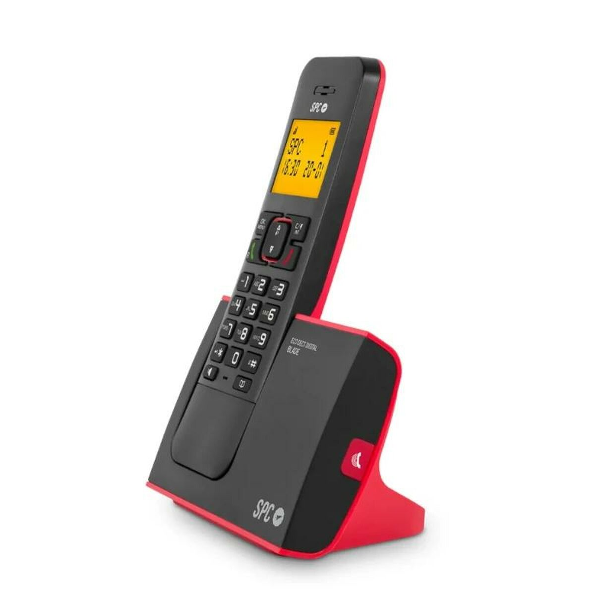 Rotes und schwarzes Telefon mit Basis. Das Telefon hat Tasten und ein Display. Die Marke ist 'SPC' und 'ECODECT'.