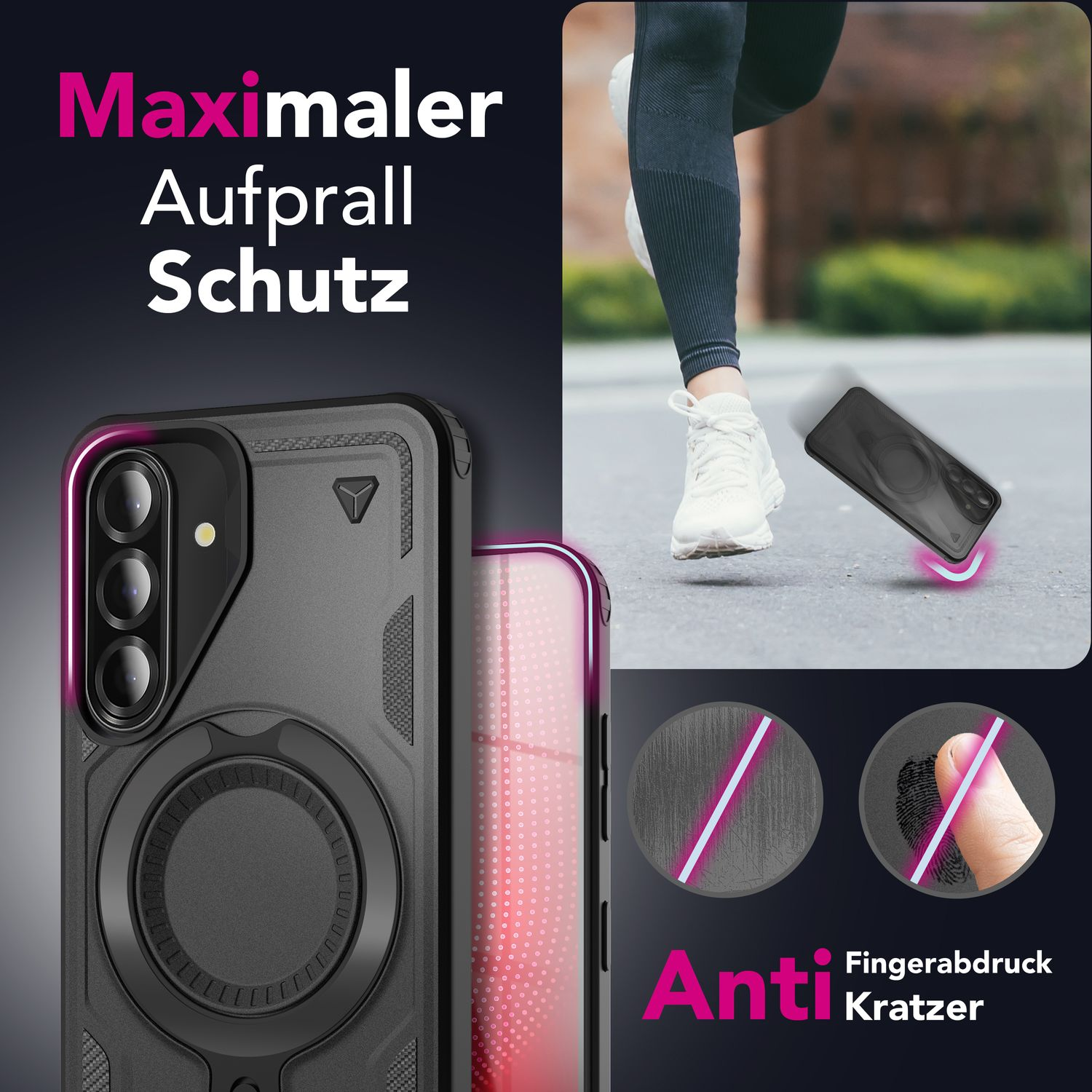 Das Bild zeigt eine Telefonhülle. Der Text lautet 'Maximaler Aufprall Schutz' und 'Anti Kratzer'. Eine Person rennt.