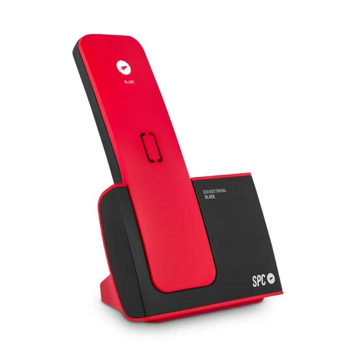 Ein rot-schwarzer Telefonständer. Der Ständer ist abgewinkelt und trägt den Text 'BLADE'. Die Marke ist 'SPC'.