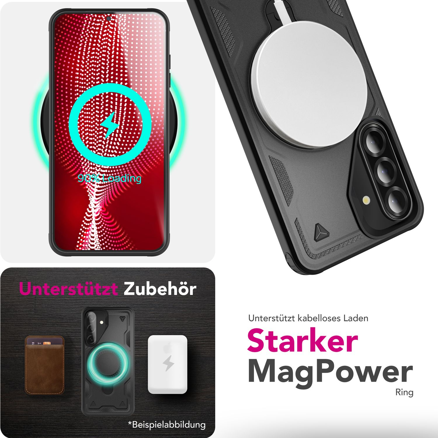 Das Bild zeigt eine Handyhülle mit einem weißen MagPower-Ring und anderem Zubehör. Der Text lautet 'Starker MagPower Ring'.