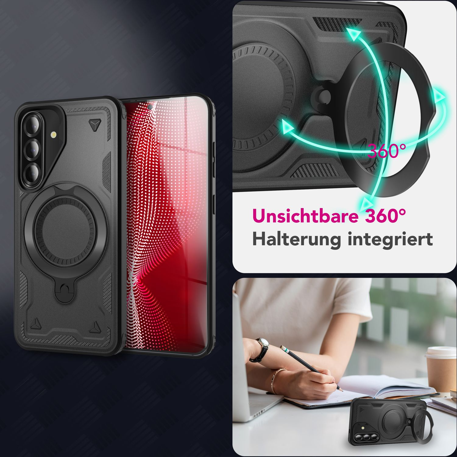 Schwarze Handyhülle mit Ring und Telefon. Text auf Deutsch: Unsichtbare 360° Halterung integriert.