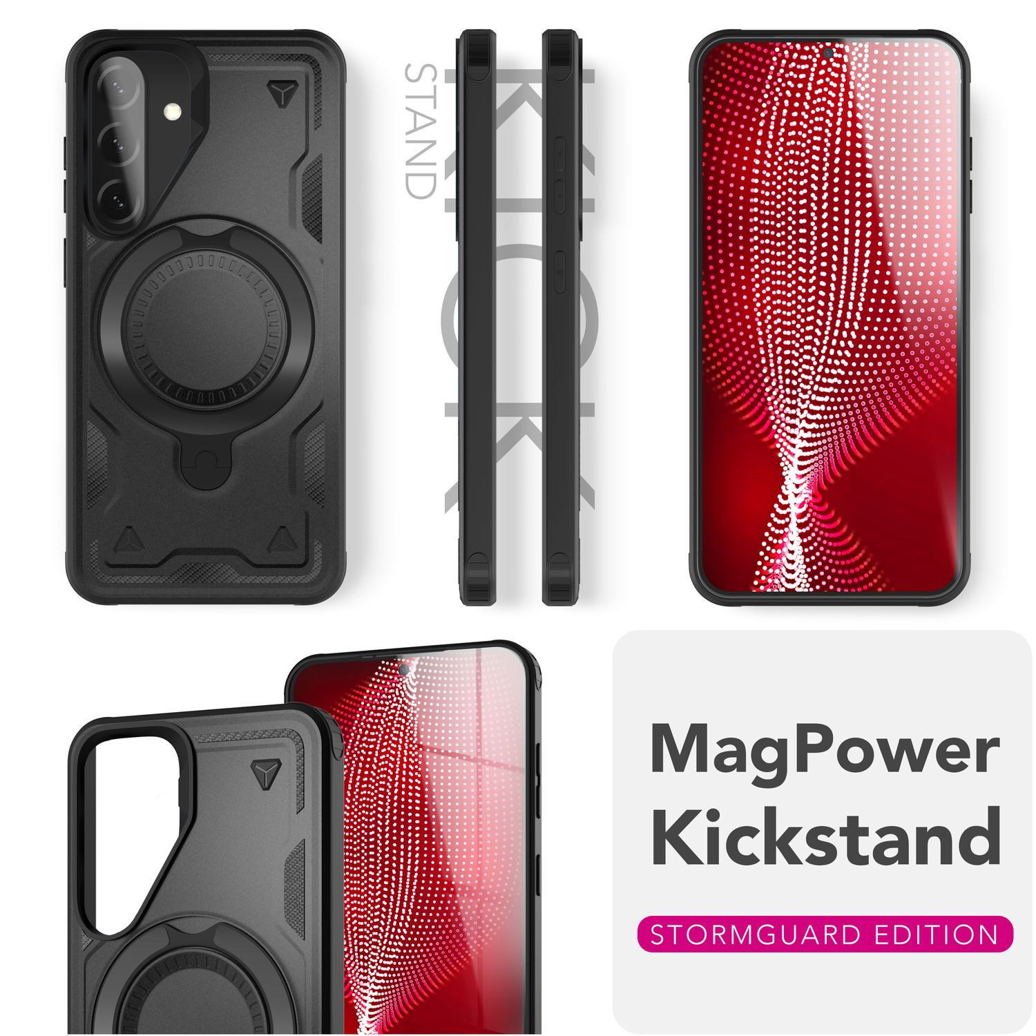 Schwarze Handyhülle mit Ständer und Telefon. Text: MagPower Kickstand, Stormguard Edition.