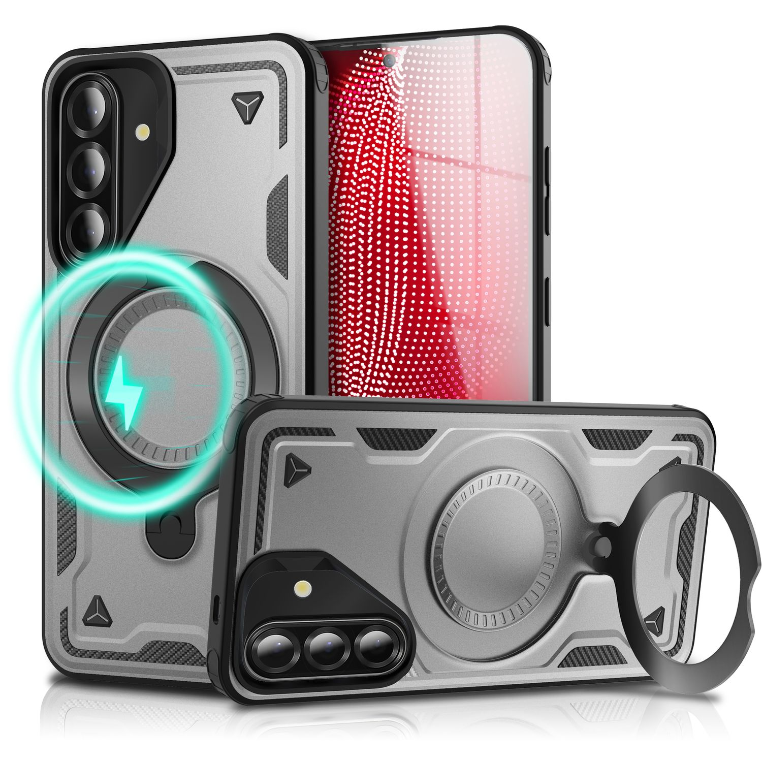 Graue Handyhülle mit Ring und Telefon. Text: MagPower, mit grünem Ladesymbol. Schwarzer Hintergrund.