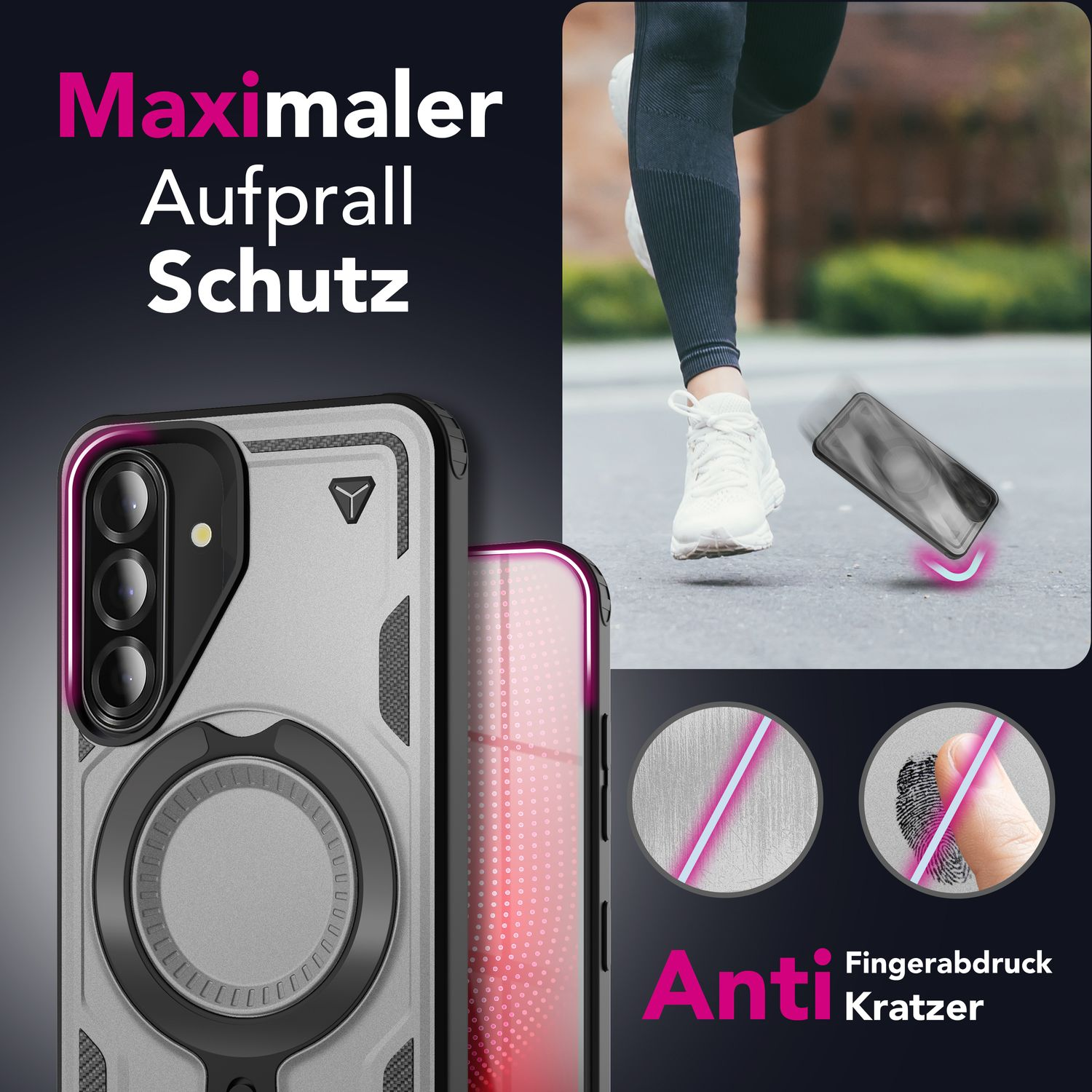 Graue Handyhülle mit Ständer, Telefon und Text: Anti Fingerabdruck Kratzer. Schwarzer Hintergrund.