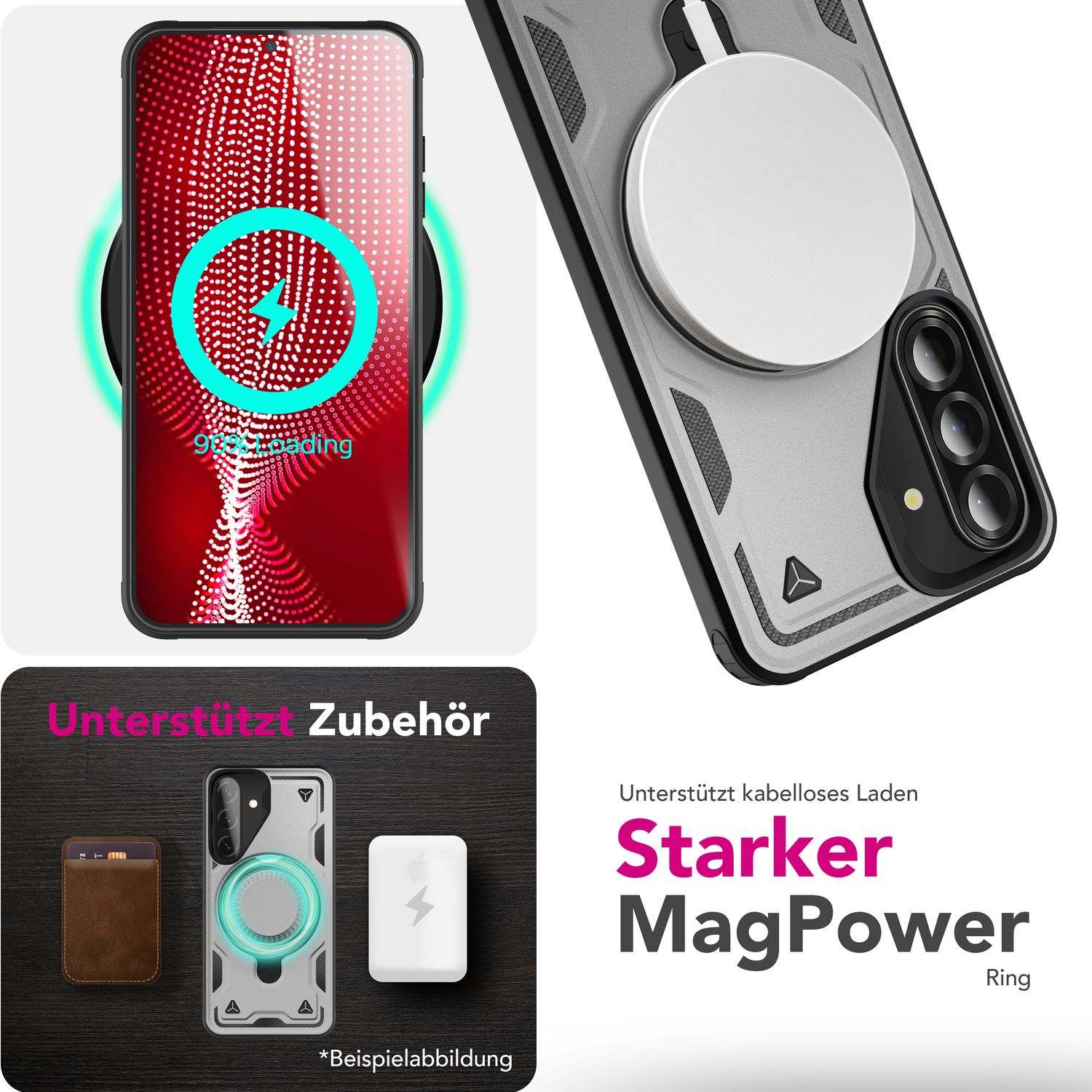 Telefon, das auf einer grauen Handyhülle mit MagPower-Ring geladen wird. Text: Stärker MagPower Ring. Zubehör wird unterstützt.