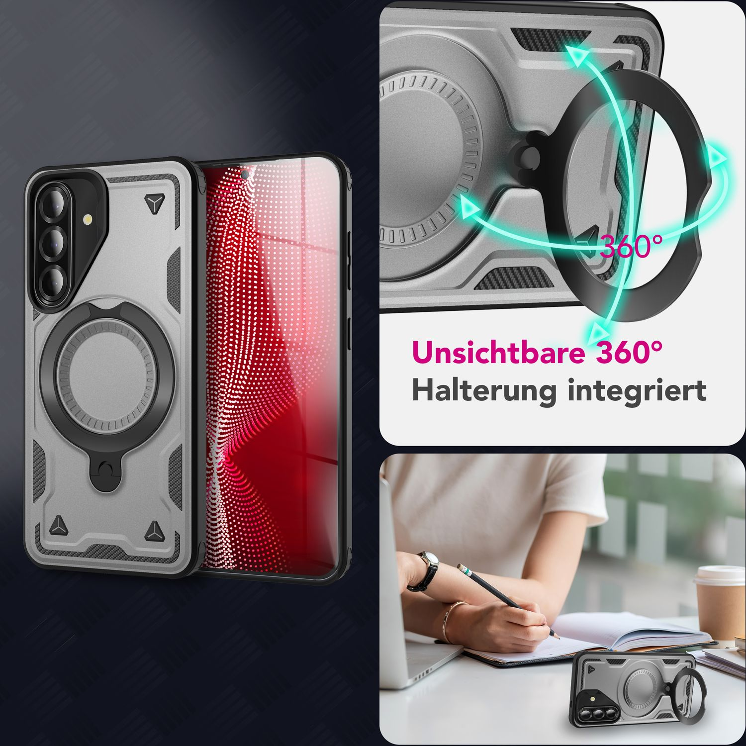 Eine Handyhülle mit Ringhalter. Text: Unsichtbare 360° Halterung integriert. Eine Frau schreibt.