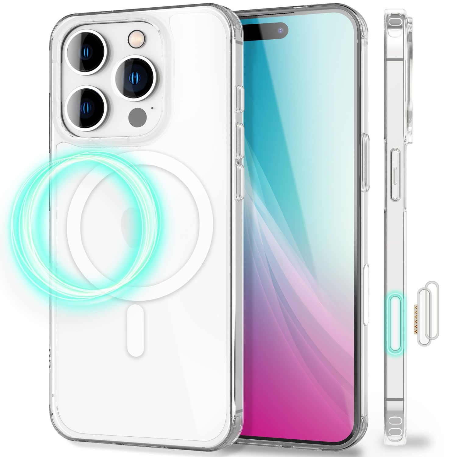 Transparente Handyhülle mit Kreis und Telefon sowie einem Ladesymbol. Seitenansicht der Handyhülle und des Telefons.