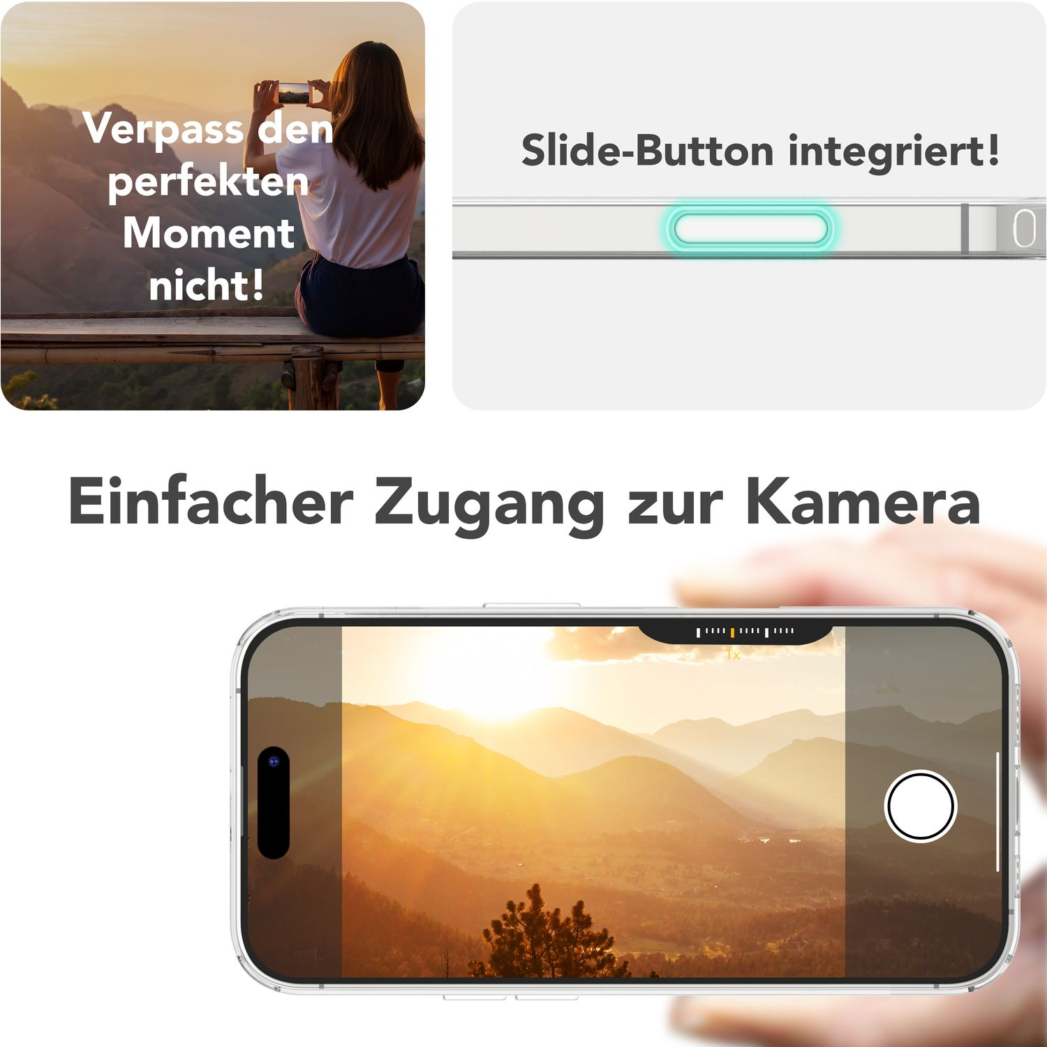 Eine Person macht ein Foto mit einem Telefon. Der Hintergrund zeigt Berge und einen Sonnenuntergang. Text auf Deutsch ist vorhanden.