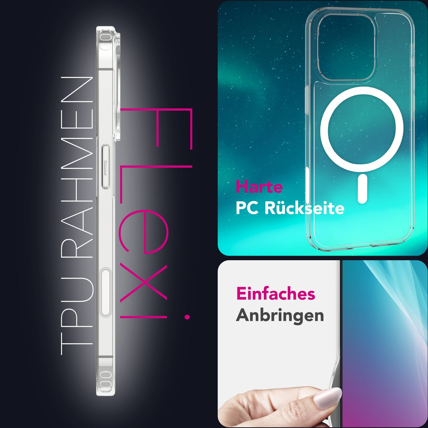 Eine transparente Handyhülle. Es hat einen TPU-Rahmen und eine harte PC-Rückseite. Eine Person hält die Hülle.