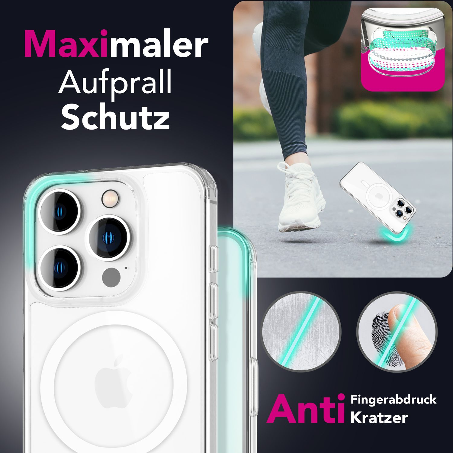 Eine Handyhülle mit einem Telefon. Die Hülle ist weiß und hat einen grünen Ring. Text auf Deutsch sagt 'Maximaler Aufprall Schutz'.