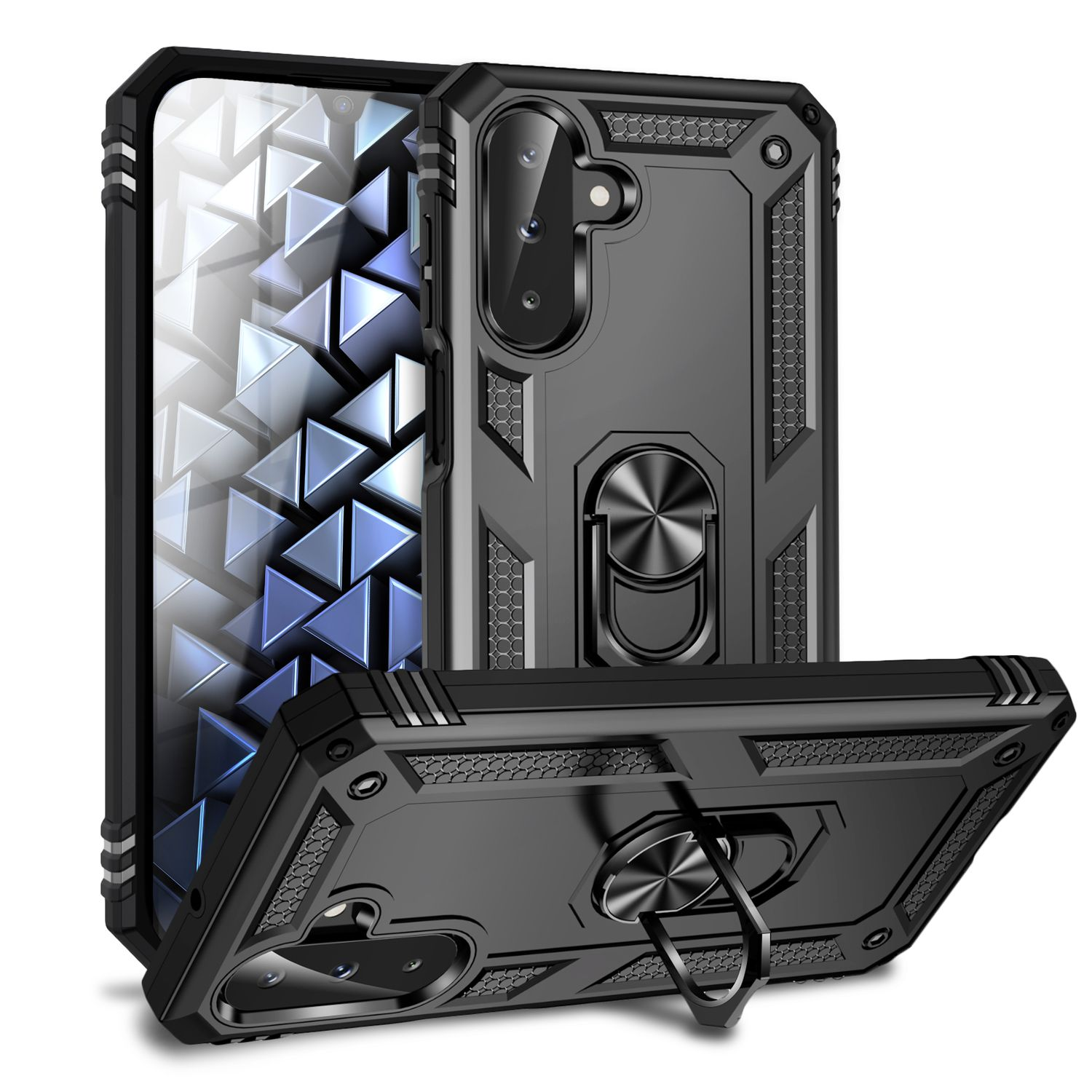 Schwarze Handyhülle mit Ringhalter. Das Telefon ist schwarz mit einem Metallring. Die Hülle ist auf blauem Grund.