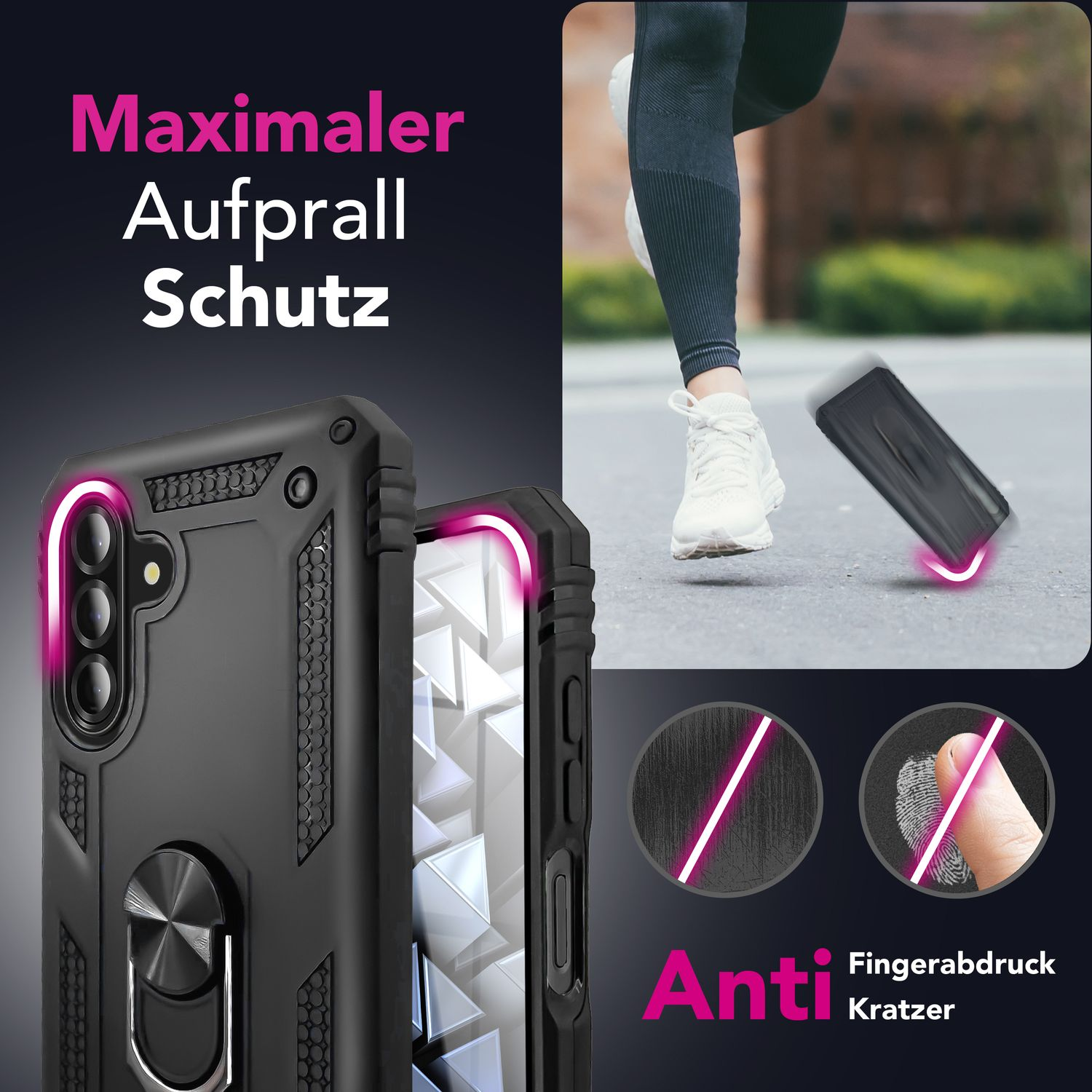 Eine schwarze Handyhülle mit silbernem Ring. Text auf Deutsch sagt 'Maximaler Aufprall Schutz' und 'Anti Kratzer'.