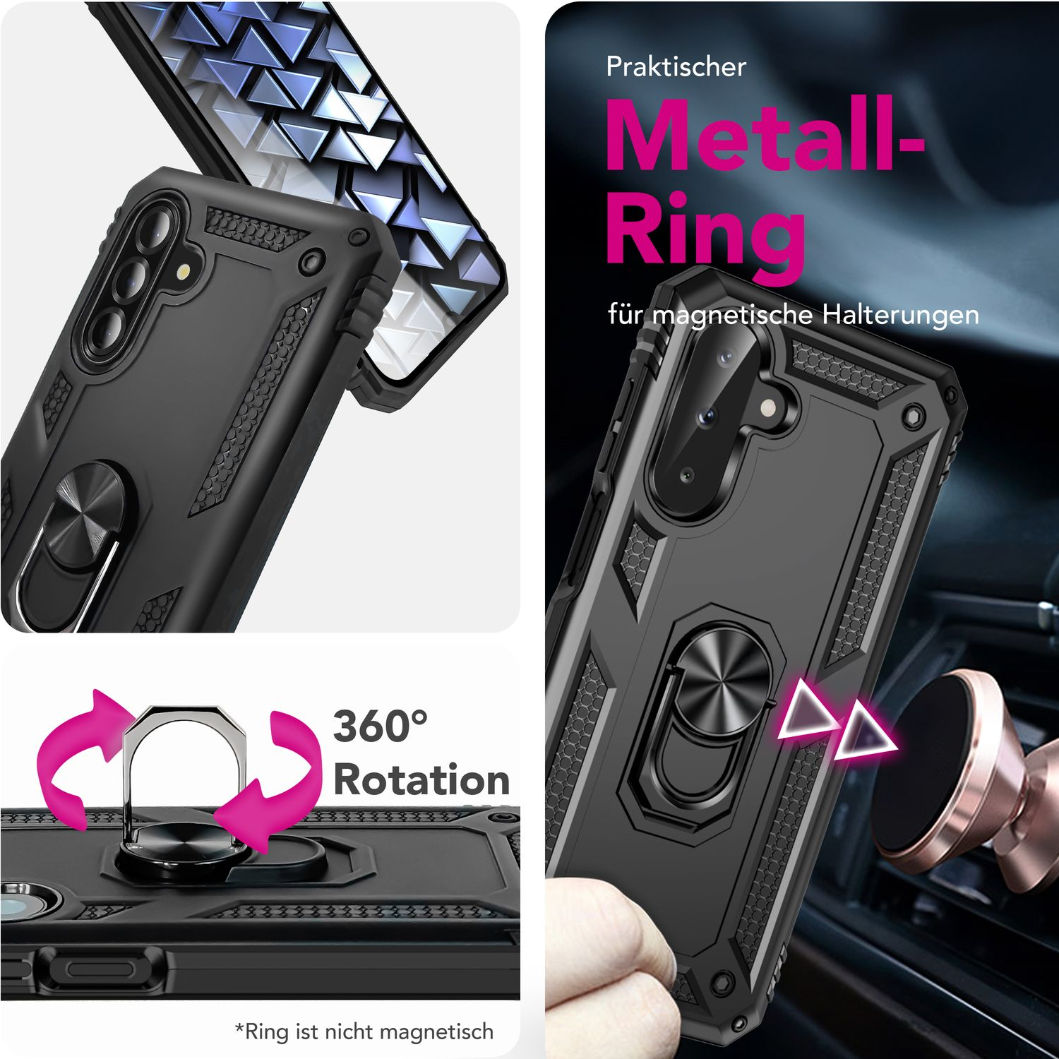 Schwarze Handyhülle mit Ringhalter. Der Ring dreht sich um 360 Grad. Text: Ring ist nicht magnetisch. Text: Metallring.